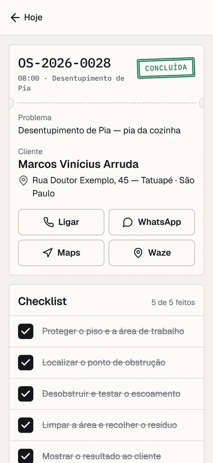 A mesma OS concluída no app do técnico, com o carimbo CONCLUÍDA