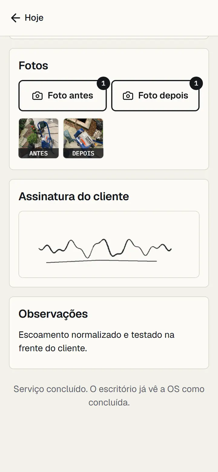 OS no celular com as fotos de antes e depois e a assinatura do cliente