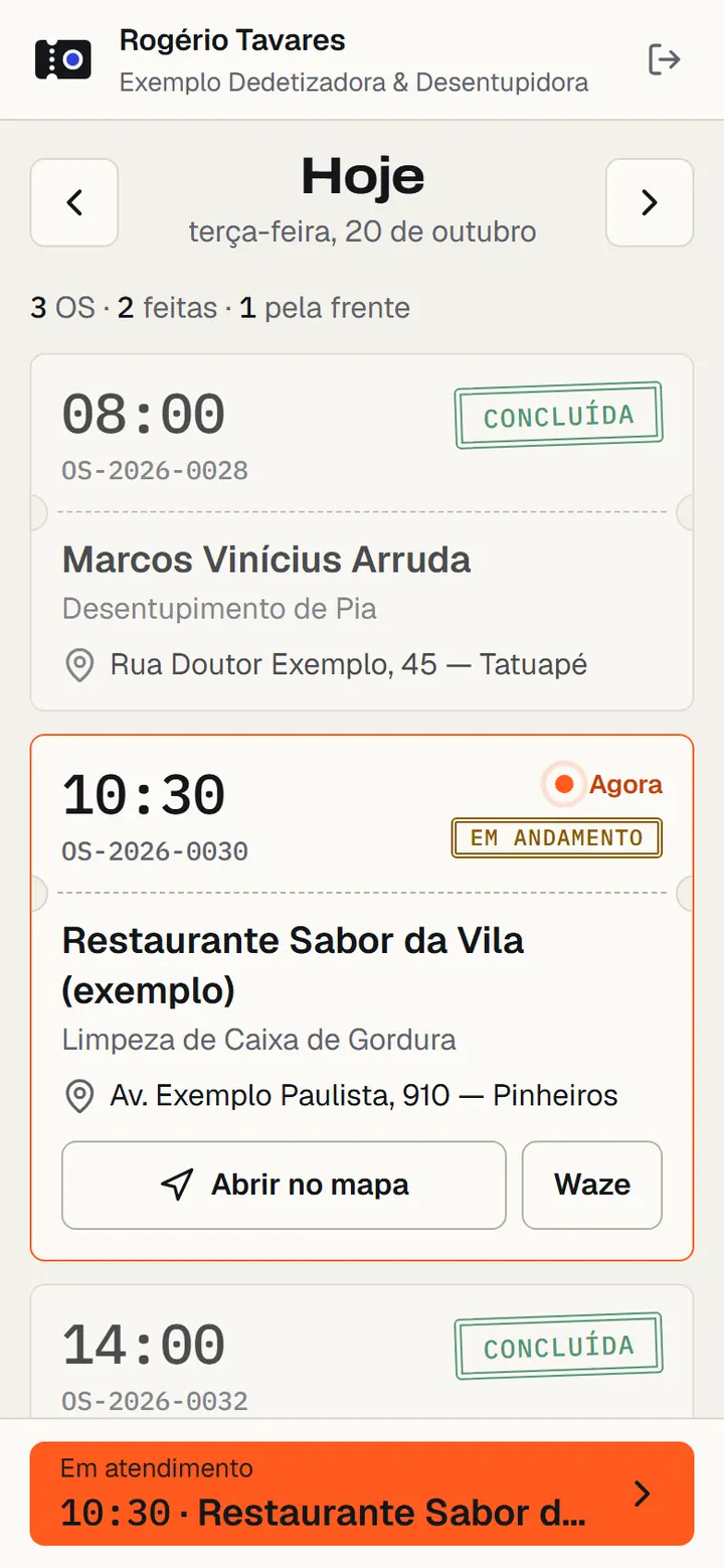 App do técnico: as visitas de hoje, com a que está em atendimento destacada