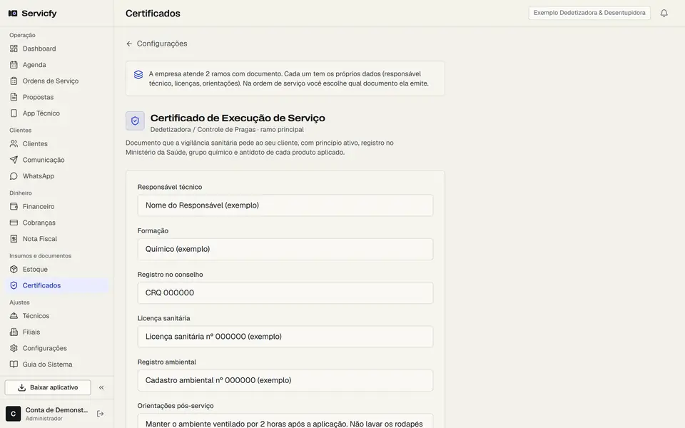 Configuração do certificado com o responsável técnico e as licenças da empresa
