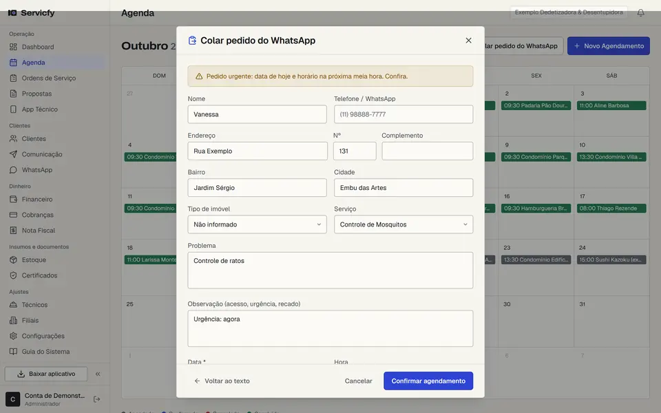 Tela Colar pedido do WhatsApp com nome, endereço, serviço e o aviso de pedido urgente preenchidos