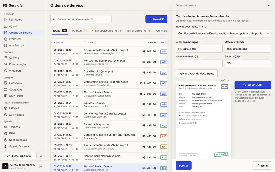 Gaveta da OS com os dados do certificado e a prévia do documento