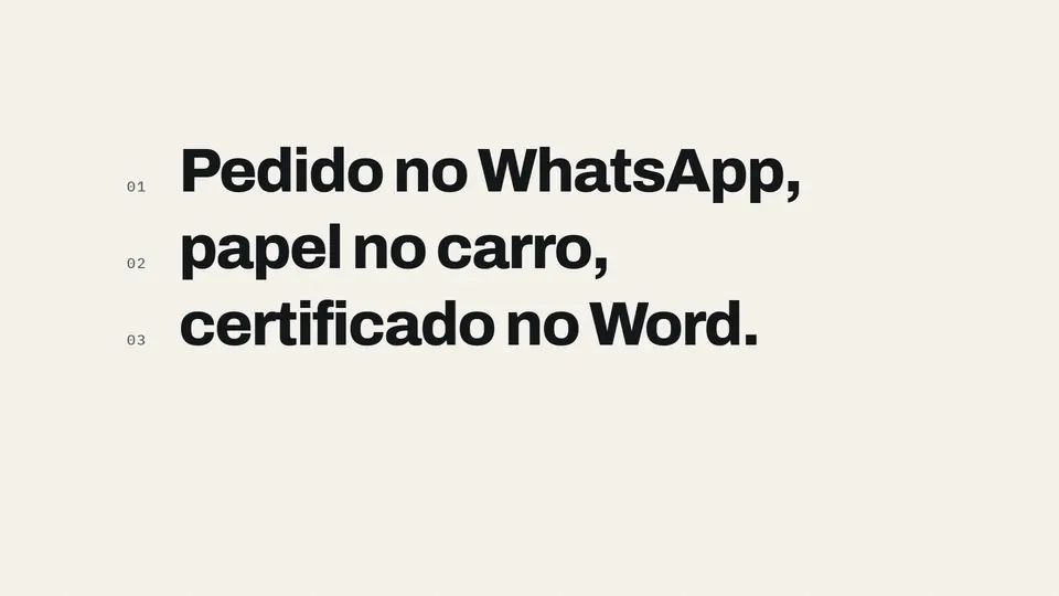 Abertura do vídeo: pedido no WhatsApp, papel no carro, certificado no Word